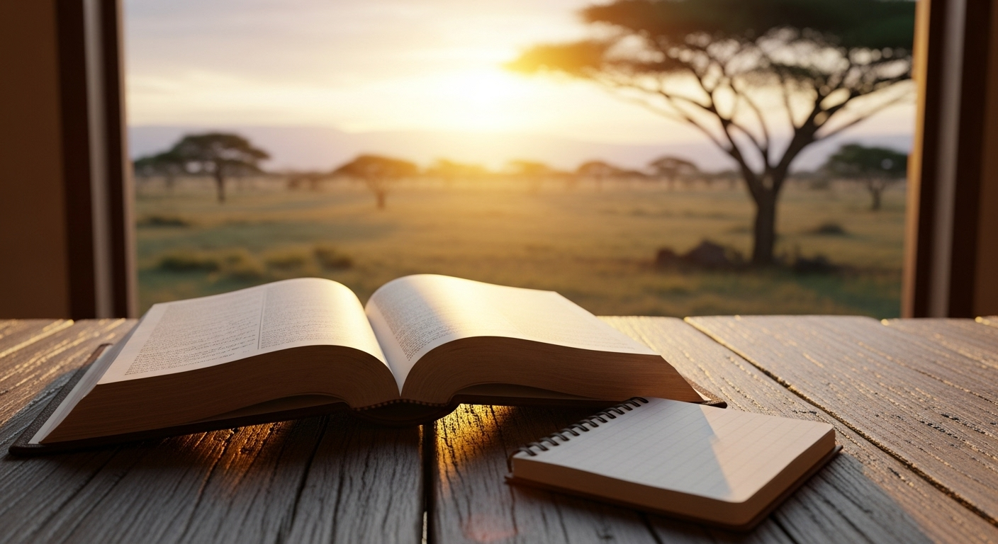An open Bible on a table by a window, with the African savanna at sunrise outside